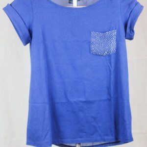 NWT Armani Short Sleeve Black Beaded Top, Small, Cobalt Blue